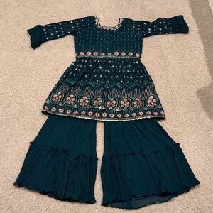 Embroidered Teal Dress and Pants Set